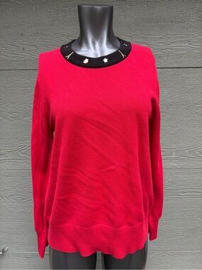 Karl Lagerfeld Red Crewneck Sweater with Black Embellished Collar